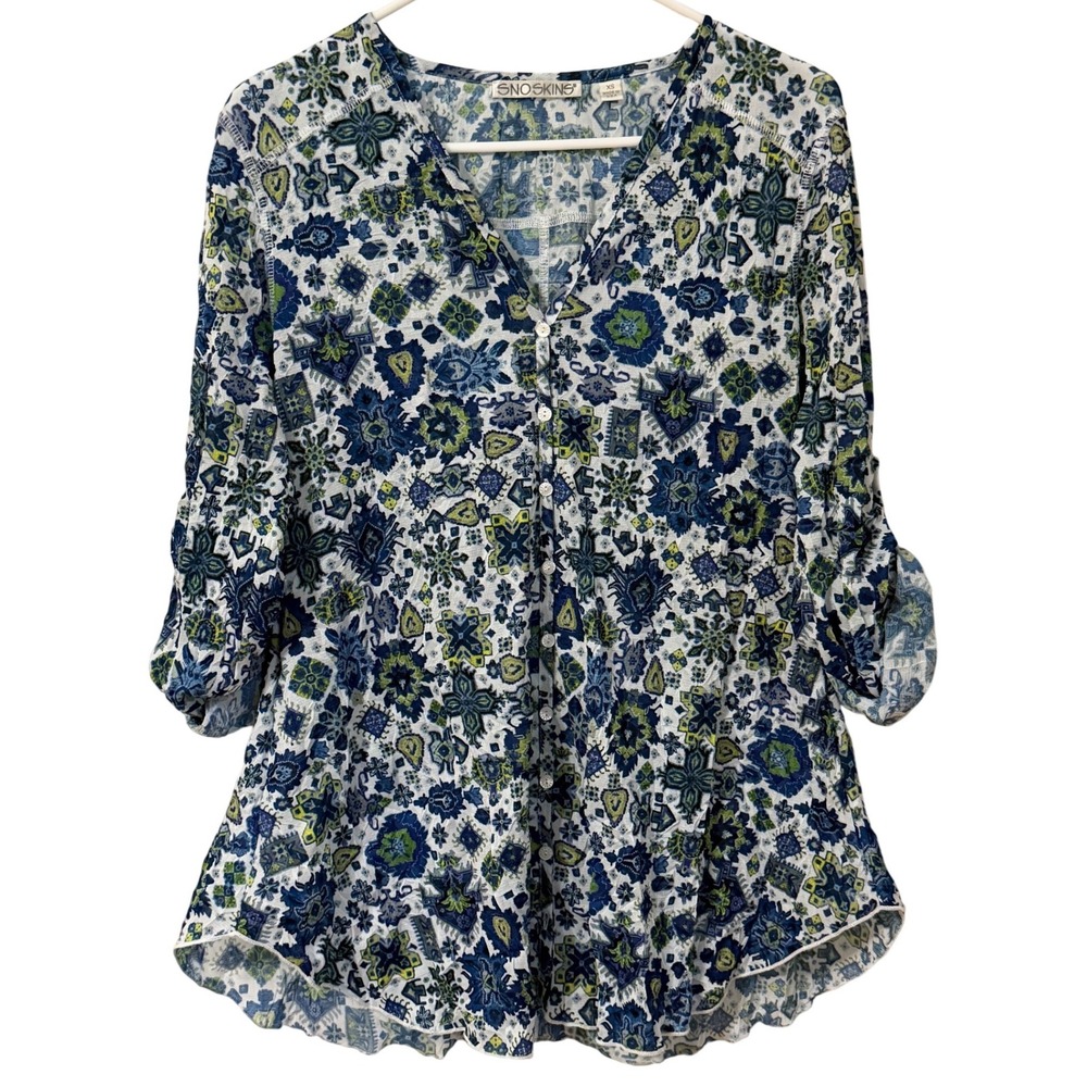 SnoSkins Geometric Mosaic Textured  Button Down Tunic Womens XS Blue Green Boho